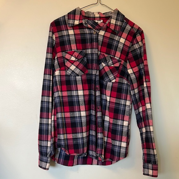 Plaid pink blue and white button up flannel - Picture 1 of 3